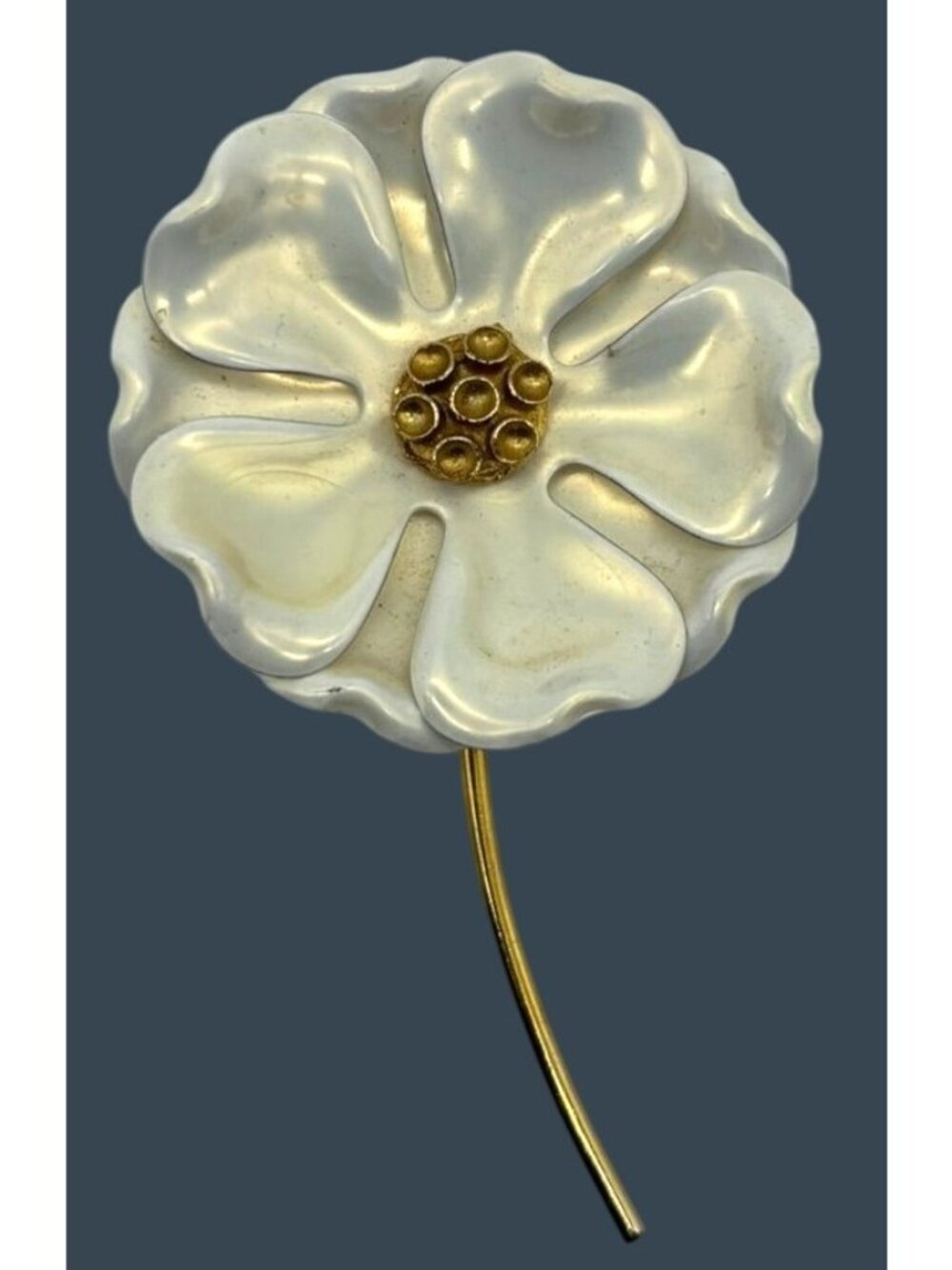Vintage Flower Power Brooch Pin Enamel Pearlescent Cream Color W/ Gold-Tone Stem